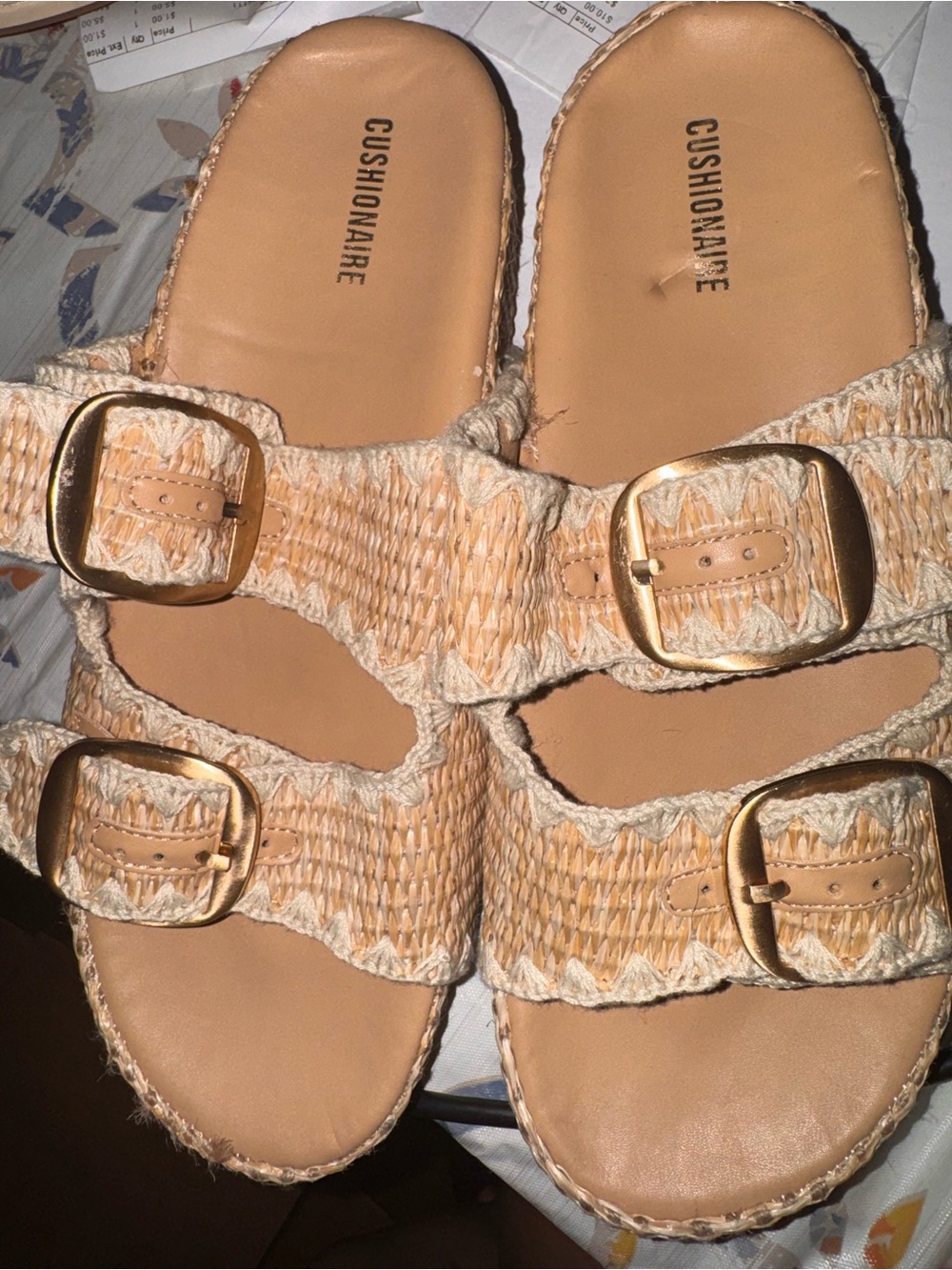 Cushionaire Women's Tan Woven Double-Buckle Slide Sandals